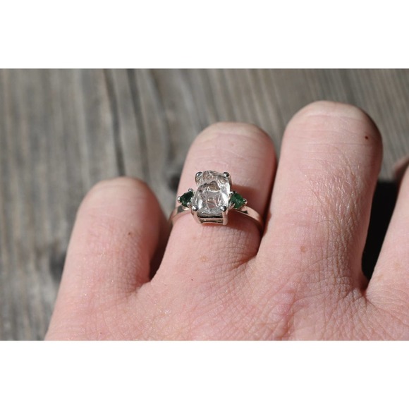 Raw Diamond Emerald Engagement Ring Rough Uncut Anniversary Silver Rusti… - Picture 3 of 4